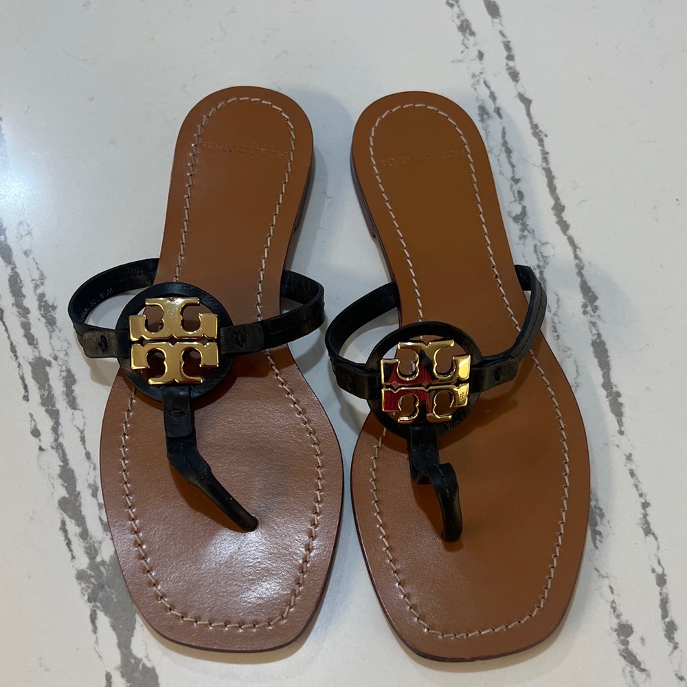 Tory Burch Black and Brown Miller Thong Sandals with Gold Logo